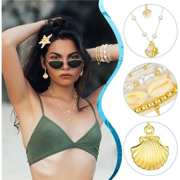 Tondiamo 13 Pcs Beach Jewelry for Women Set Starfish Seashell Necklace Earrings - Picture 3 of 7